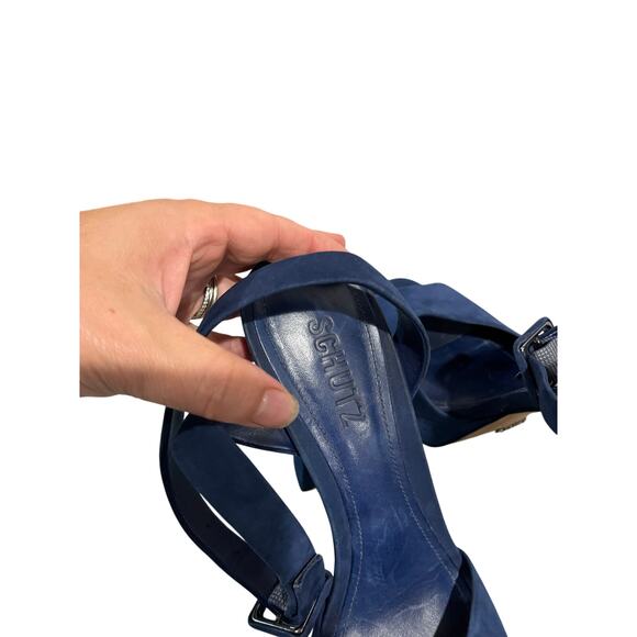 Schutz Amatista Blue Suede Strappy Heels Size 38 US 7 Block Heel Party Shoe - Picture 4 of 7